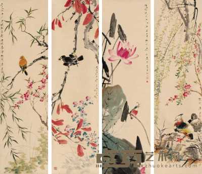 唐云 庚寅（1950年）作 花鸟 四屏 143.5×40cm×4